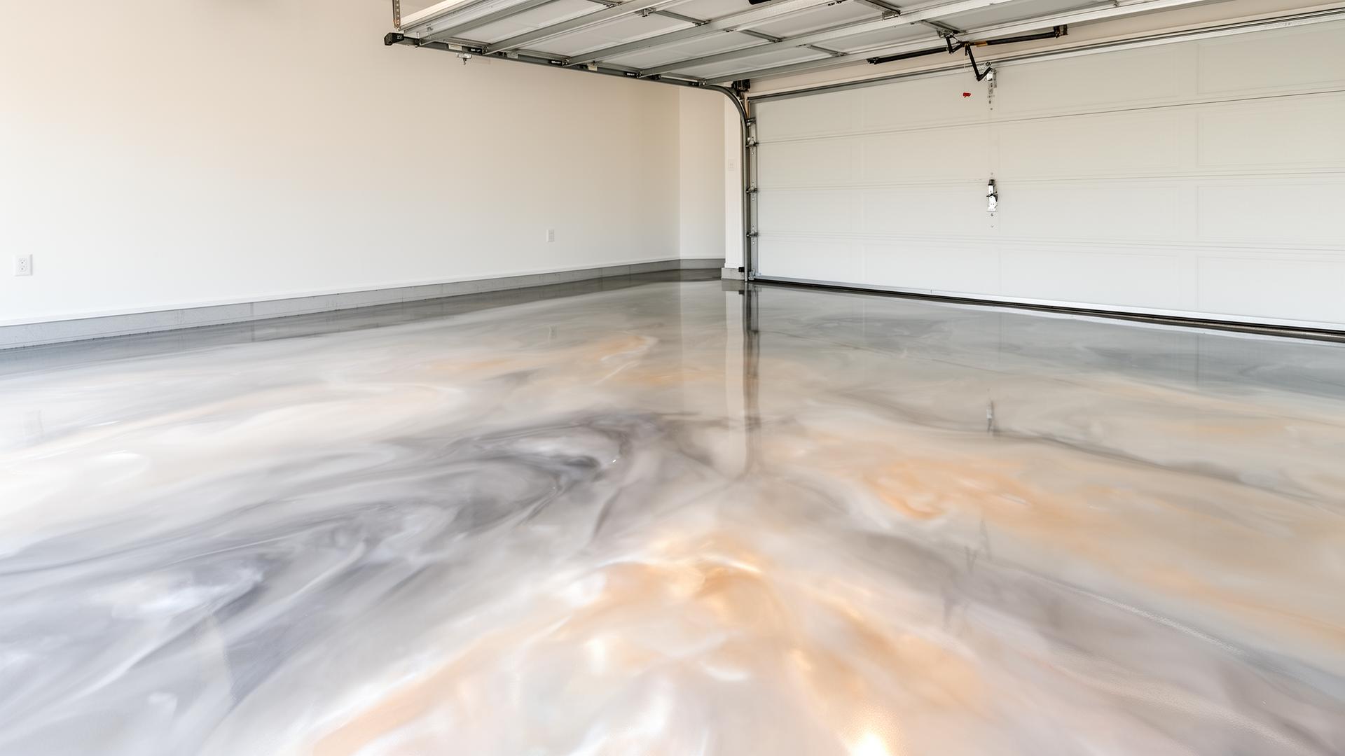 High-gloss metallic epoxy garage floor with pearl swirls